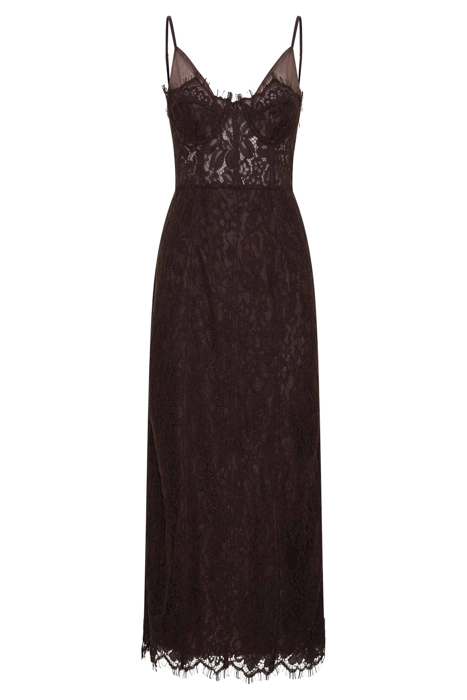 Ottilie Lace And Mesh Midi Dress - Dark Chocolate